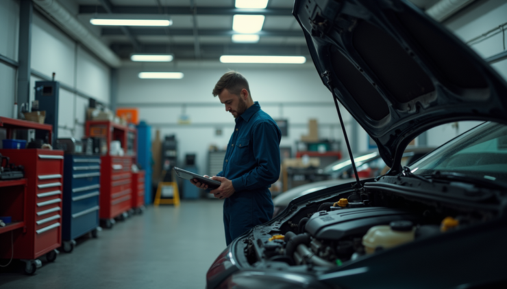 Eye-level view of a small specialist garage workshop with a mechanic working on a car engine