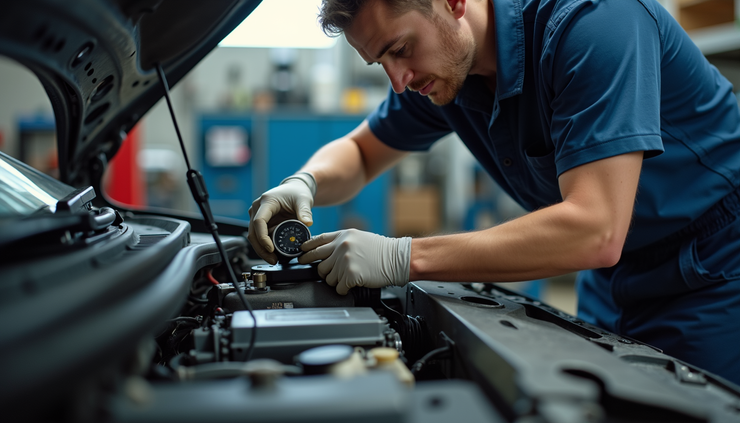 Close-up view of a vehicle air conditioning compressor being serviced