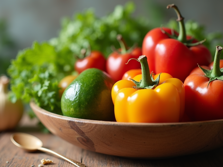 A vibrant bowl of fresh fruits and vegetables .