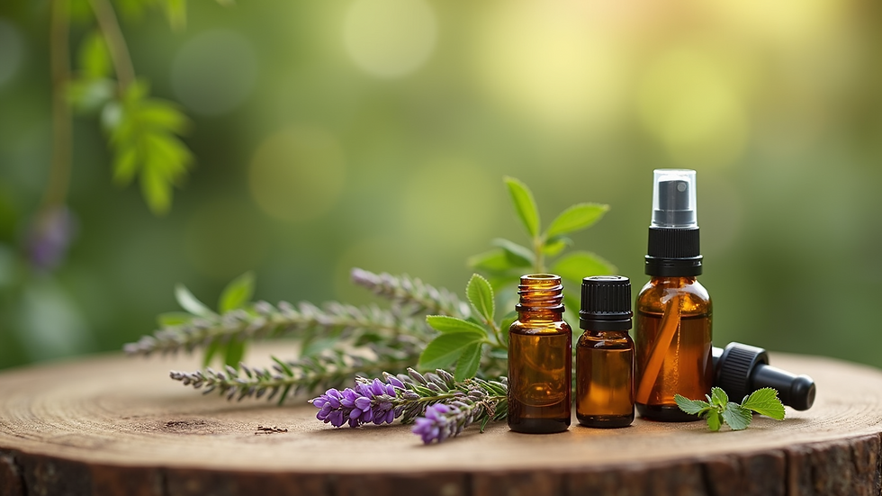 Close-up view of herbal remedies and essential oils on a wooden table