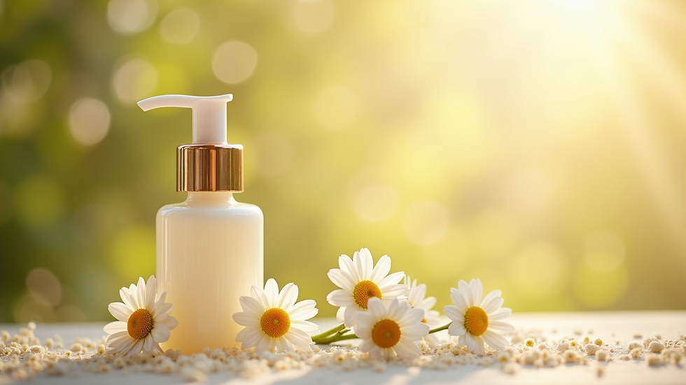 A light-filled close-up view of a beautiful chamomile-infused skincare product