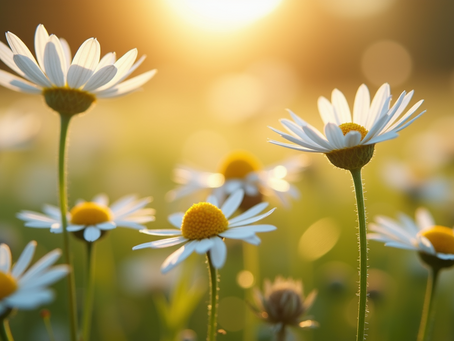 Delicate chamomile flowers basking in warm sunlight