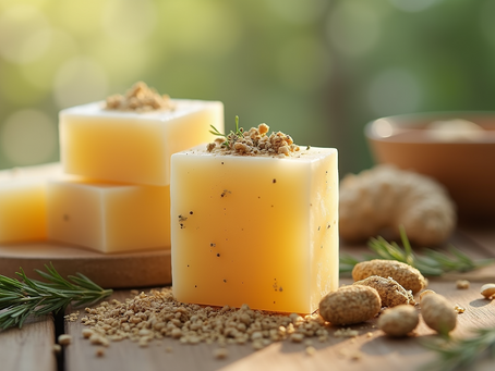 Natural soap bars with herbs on wooden surface