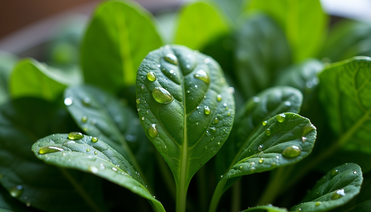 Close-up view of fresh green spinach leaves with water droplets