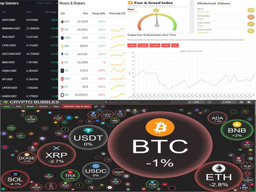 BINANCE TOP10 GAINERS; MOVERS AND SHAKERS; FEAR AND GREED; CRYPTO BUBBLES TOP 100