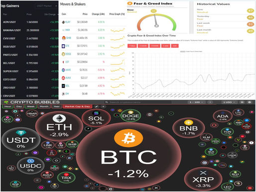BINANCE TOP10 GAINERS; MOVERS AND SHAKERS; FEAR AND GREED; CRYPTO BUBBLES TOP 100
