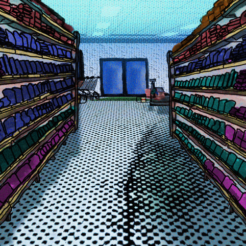 supermarket interior, hand drawn animation, mixed media animation.