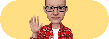 Animated 3D avatar of Oleg wearing glasses and a red plaid shirt, waving against a yellow background.