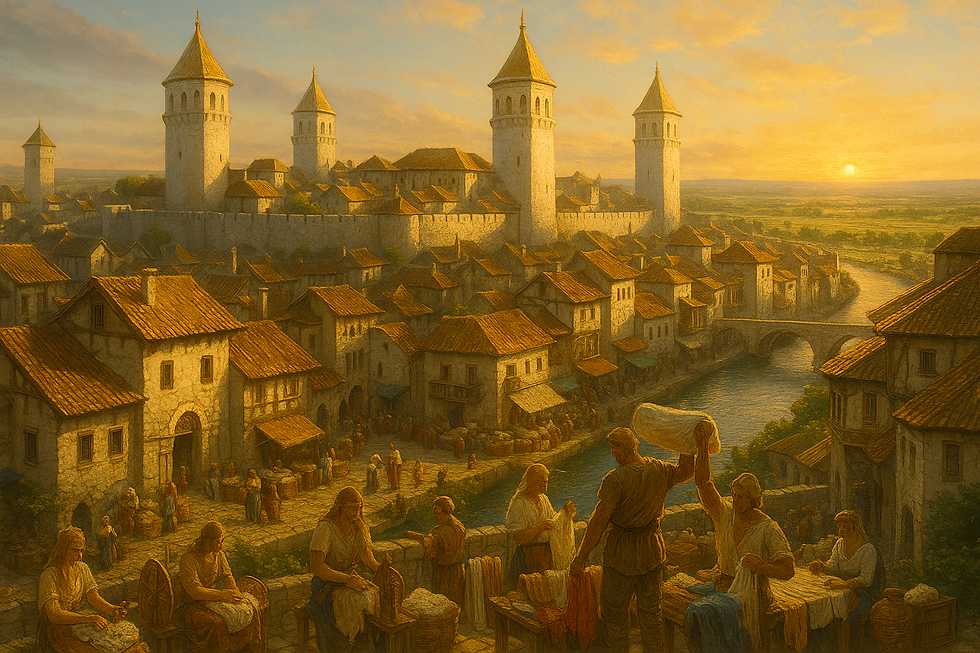 Calle de los textiles en Maltanimdor, al fondo el río Nimrant y el centro urbano.