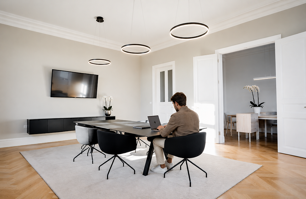 Mitarbeiter von Mesh Investment Advisory bei der Research Arbeit am Laptop in einem modernen, lichtdurchfluteten Besprechungsraum – Einblick in den professionellen Arbeitsalltag der Hotelinvestmentberatung.