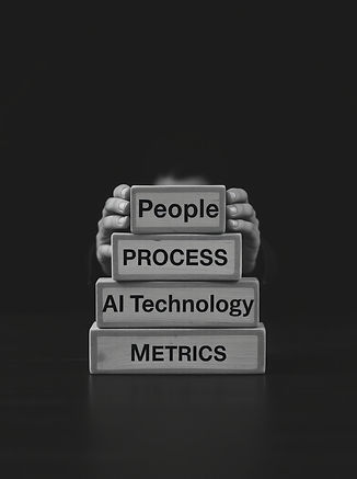 Dark monochrome picture with human COO executive placing blocks named - People, Process, A