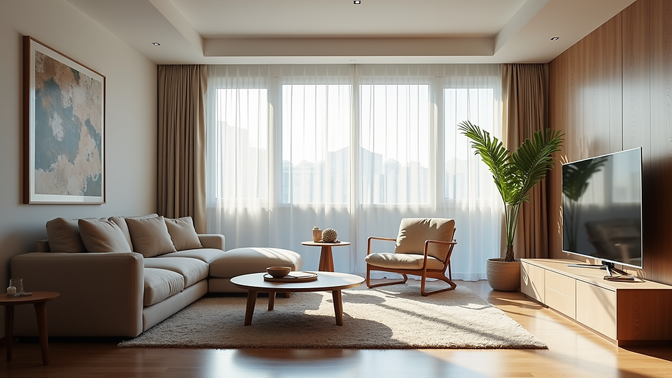 Eye-level view of a modern living room with stylish furniture