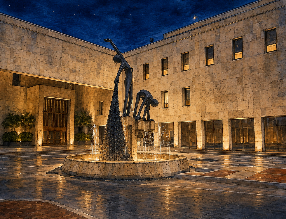 Plaza del Centro de Convenciones de Cartagena con fuente y esculturas, ubicada cerca de Viva La Vida Cartagena y del Centro Histórico.