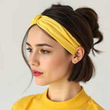 A woman wearing a light yellow Ninkus Multi use scarf as an embellished headband.