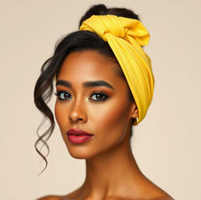 A woman wearing a light yellow Ninkus Multi use scarf as a up tied scarf