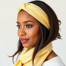 A woman wearing a light yellow Ninkus Multi use scarf as a ruched headband with a twist.