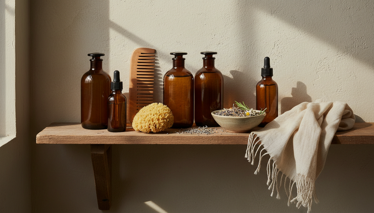 Wide-angle view of plant-based self care items on a bathroom shelf.