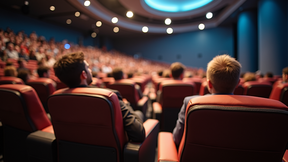 Vue en plongée d’une salle de conférence à Cannes avec un public attentif
