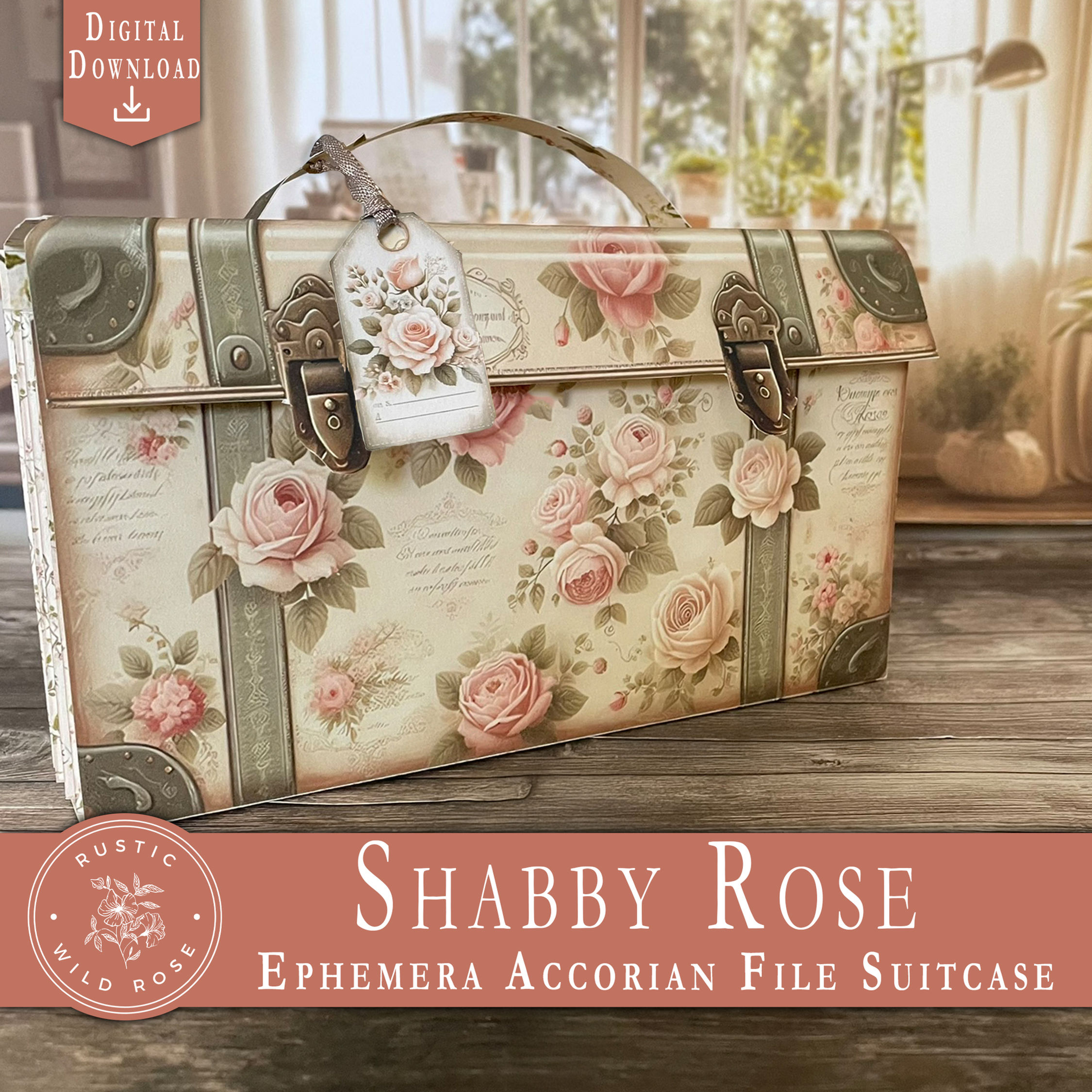 Printable Vintage Shabby Rose accordion file folder with rose motifs, lace texture, pocket inserts and tabs