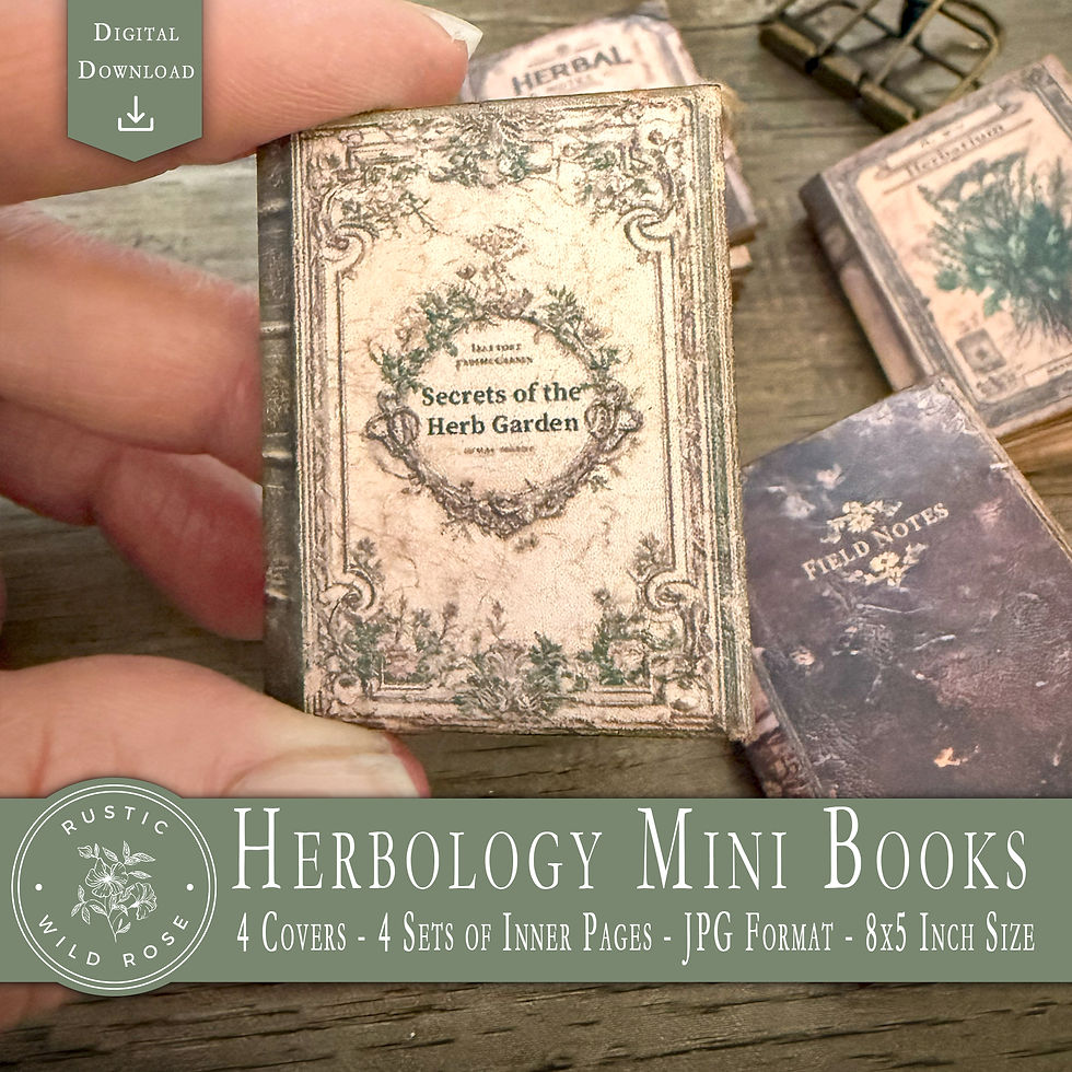 Printable mini book kit with herbology theme: botanical illustrations, herb labels, vintage florals, booklet covers and decor