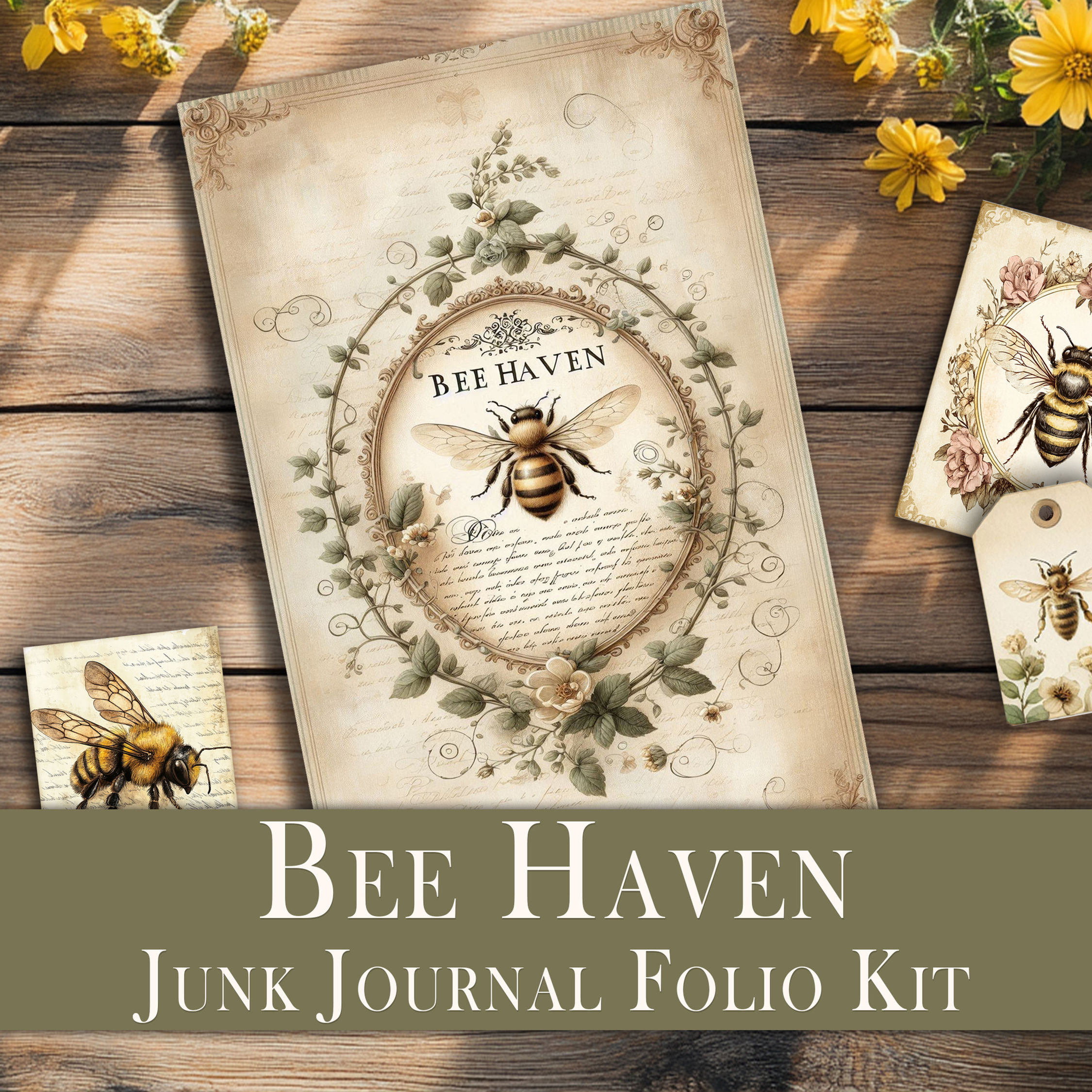Printable Vintage Bee Folio elements with bees, honeycomb, wildflowers, and botanical textures—designed for junk journals