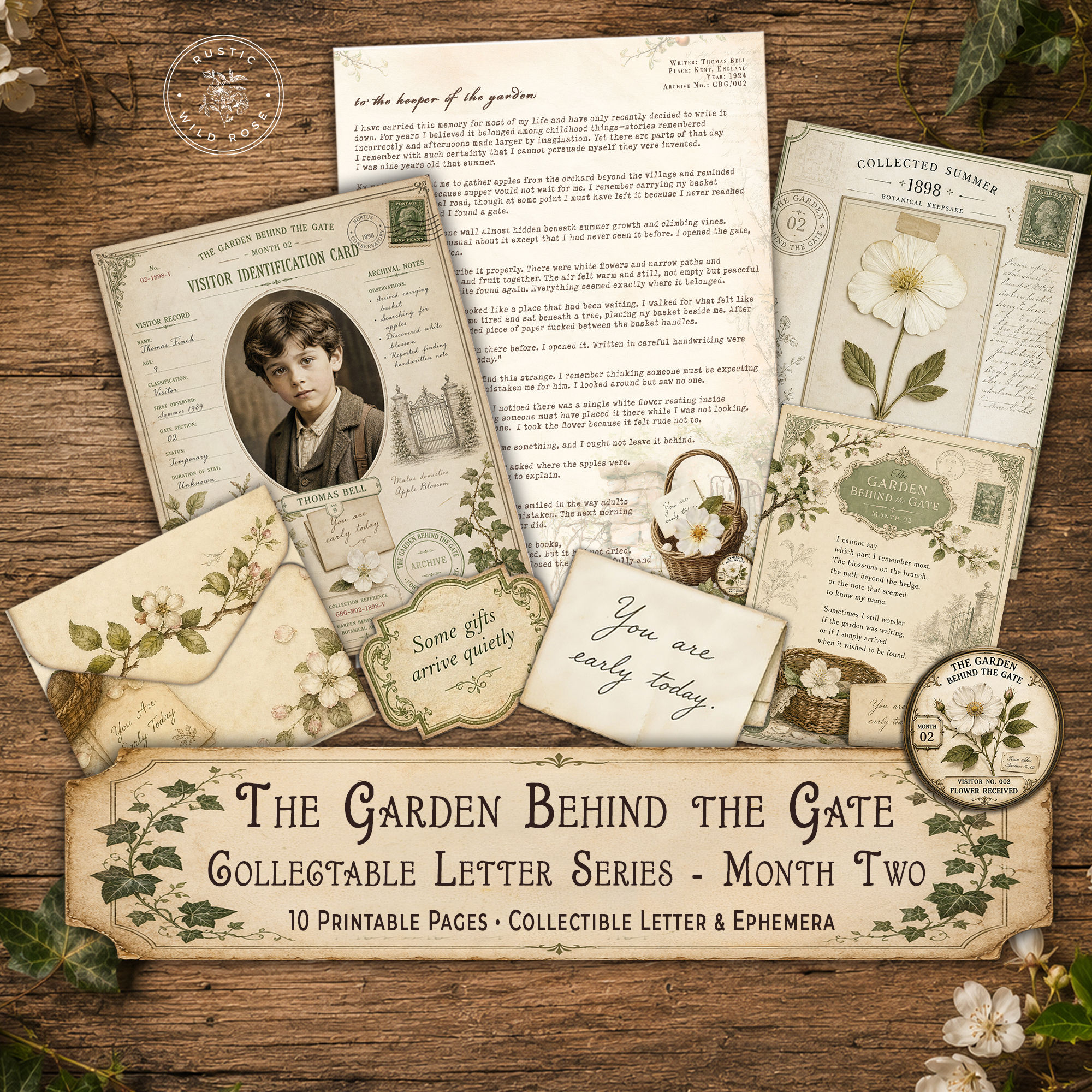 Vintage printable letter kit featuring Thomas Bell from The Garden Behind the Gate series, including story letter, journal ca