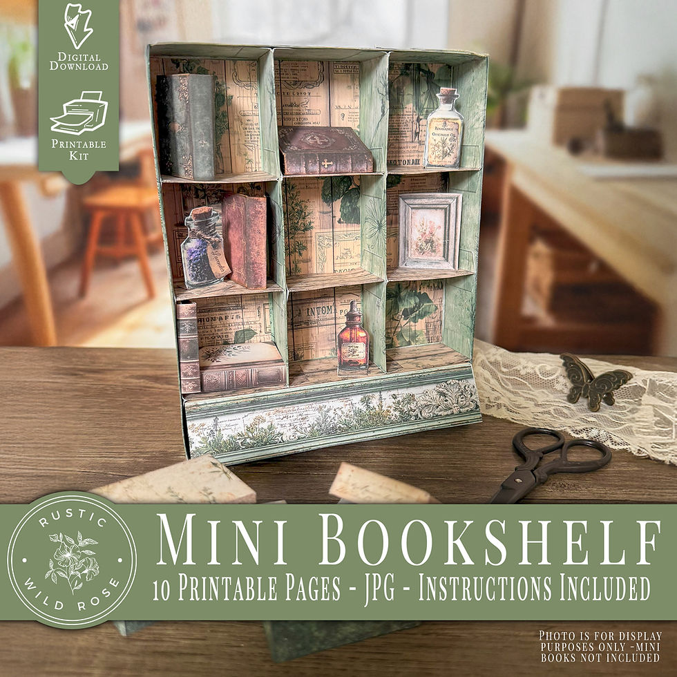 Botanical Mini Book Shelf Kit — printable vintage-style faux bookshelf with botanical panels, mini boxes