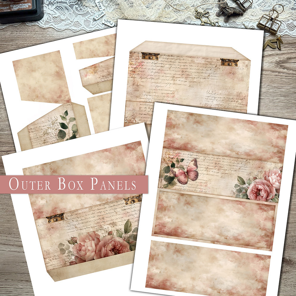 Printable ephemera storage box DIY kit with foldable panels, divider inserts, vintage textures