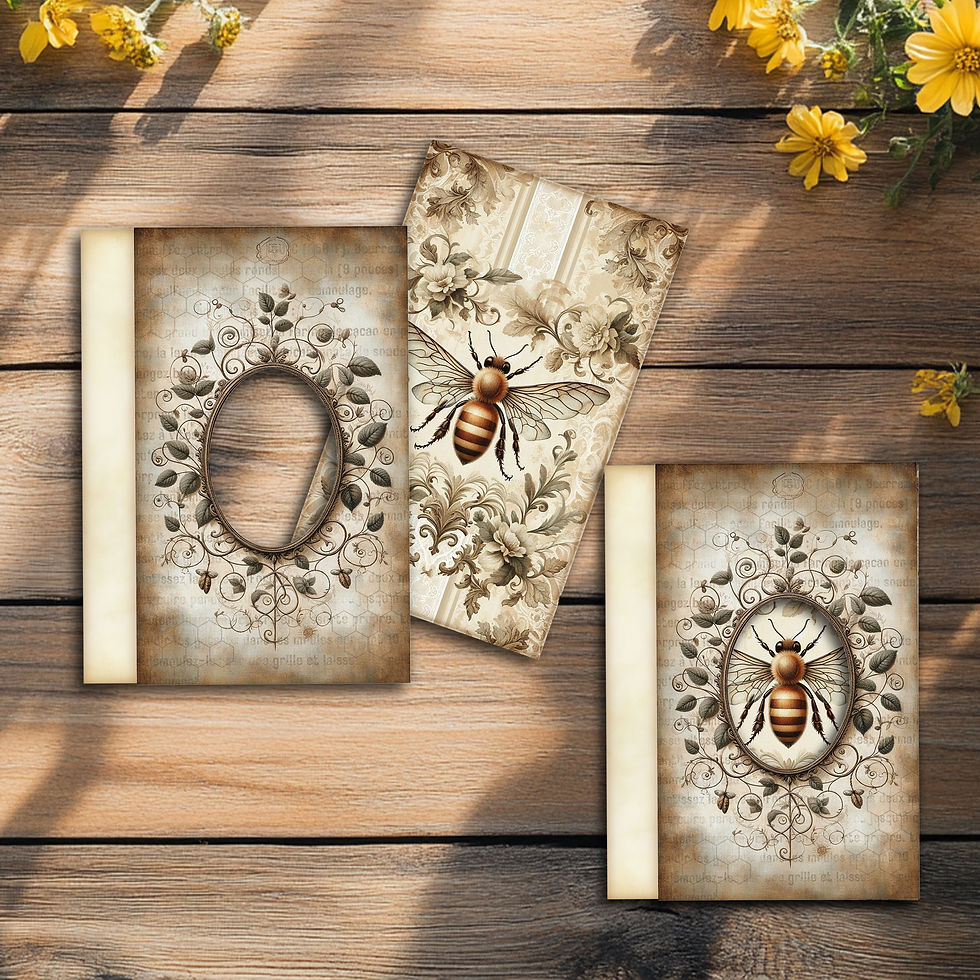 Thumbnail: Printable Vintage Bee Folio elements with bees, honeycomb, wildflowers, and botanical textures—designed for junk journals