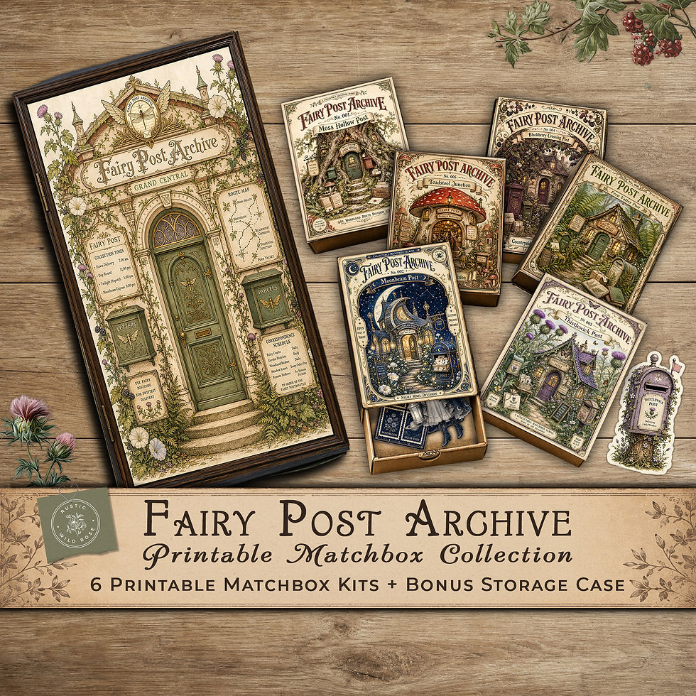 Fairy Post archive printable matchbox collection featuring six collectible miniature fairy post office matchboxes, bonus stor