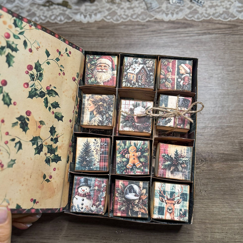 Printable Vintage Christmas Mini Box Kit featuring twelve festive mini boxes and one coordinating keepsake box in warm vintag