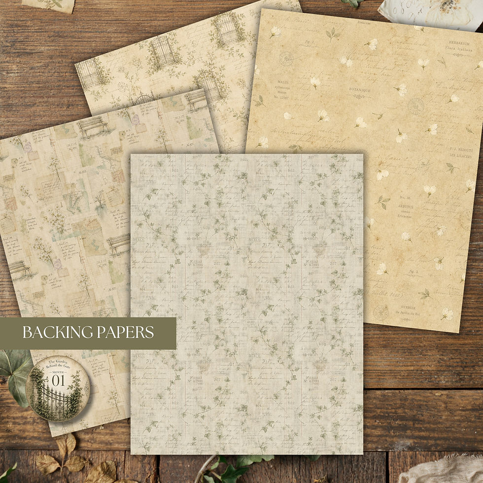 Thumbnail: Printable backing papers featuring vintage patterns, botanical textures and coordinating hidden garden designs.