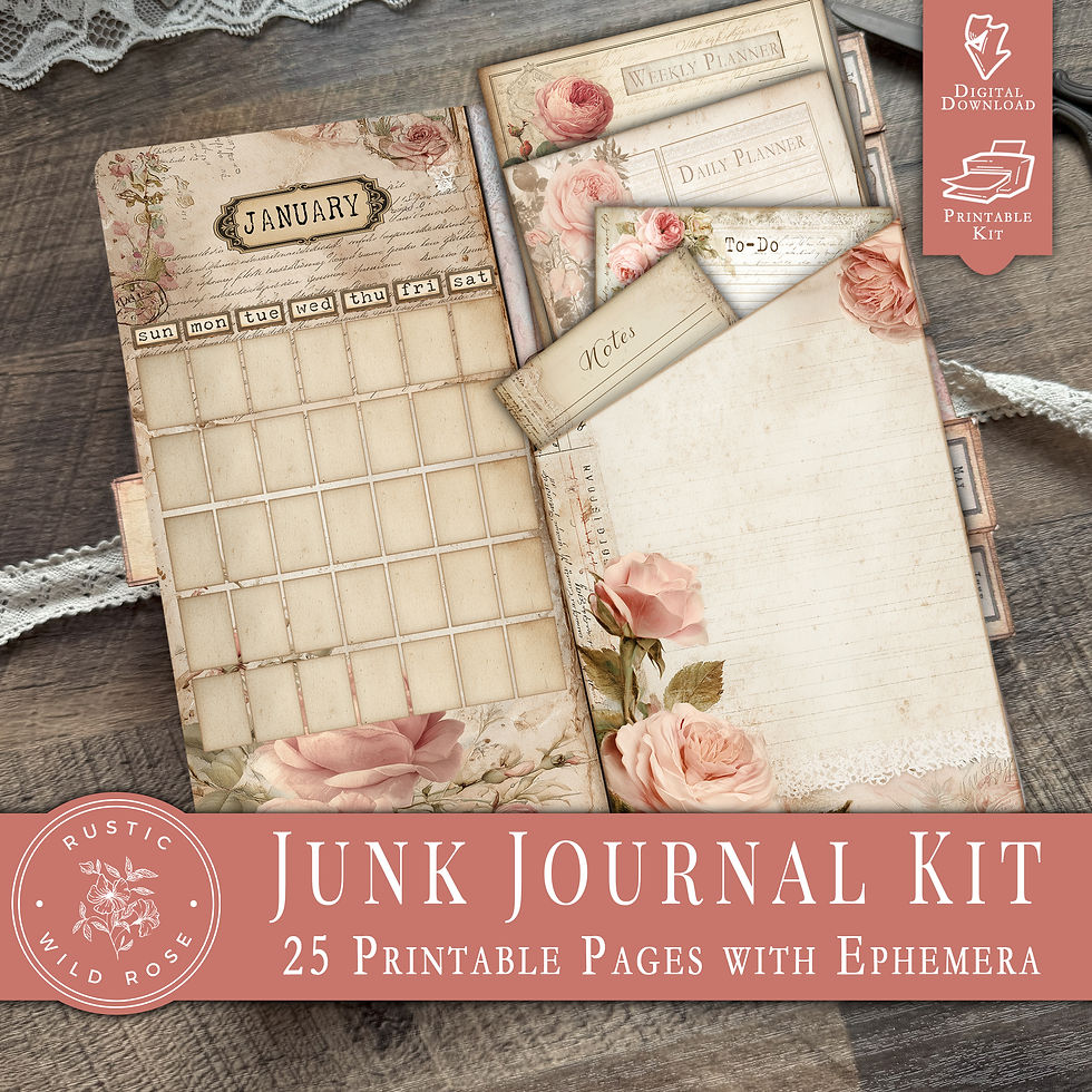 Printable Vintage Rose Junk Journal Kit with soft blush rose graphics, floral ephemera, pocket inserts, and decorated journal
