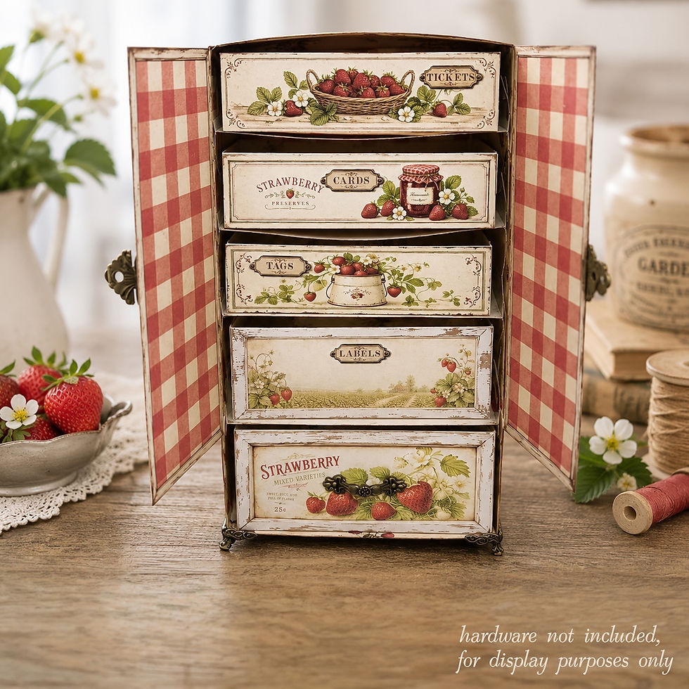 Printable strawberry ephemera storage cabinet, vintage farmhouse junk journal organizer with five drawers and gingham doors.