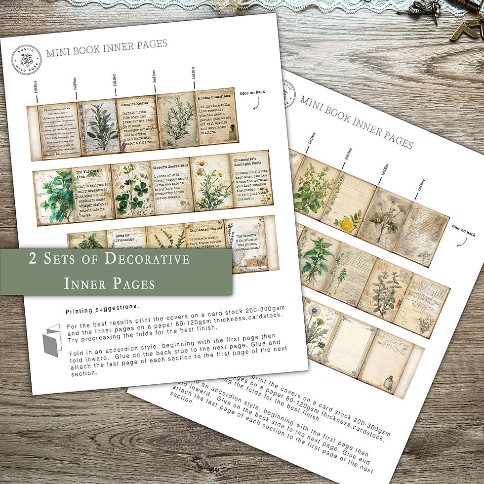 Printable mini book kit with herbology theme: botanical illustrations, herb labels, vintage florals, booklet covers and decor