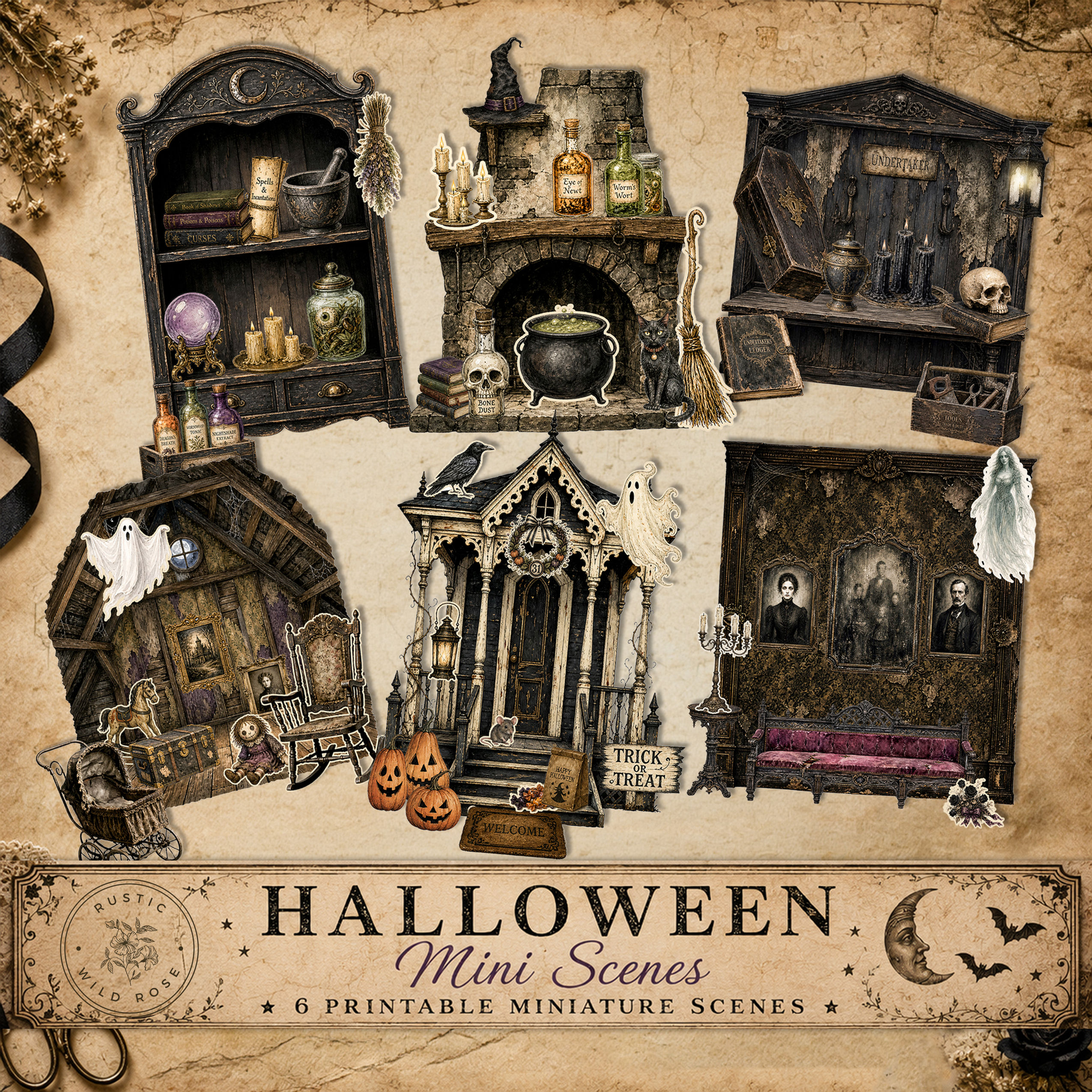 Halloween miniature scenes printable kit, vintage gothic ephemera for junk journals, scrapbooks, and paper crafts.