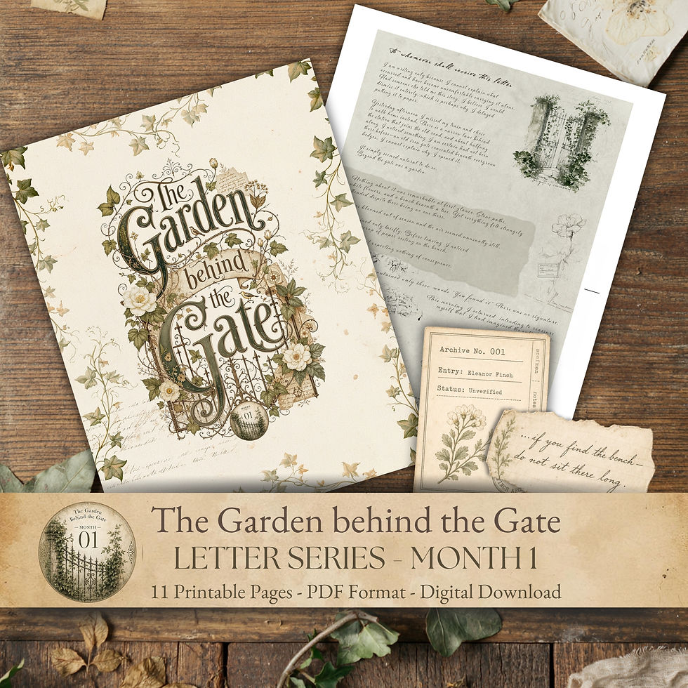 Thumbnail: Printable vintage letter kit titled The Garden Behind the Gate Letter Series Month 01 featuring collectible story letter, bot