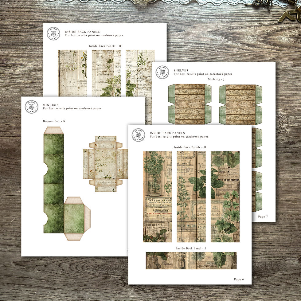 Botanical Mini Book Shelf Kit — printable vintage-style faux bookshelf with botanical panels, mini boxes