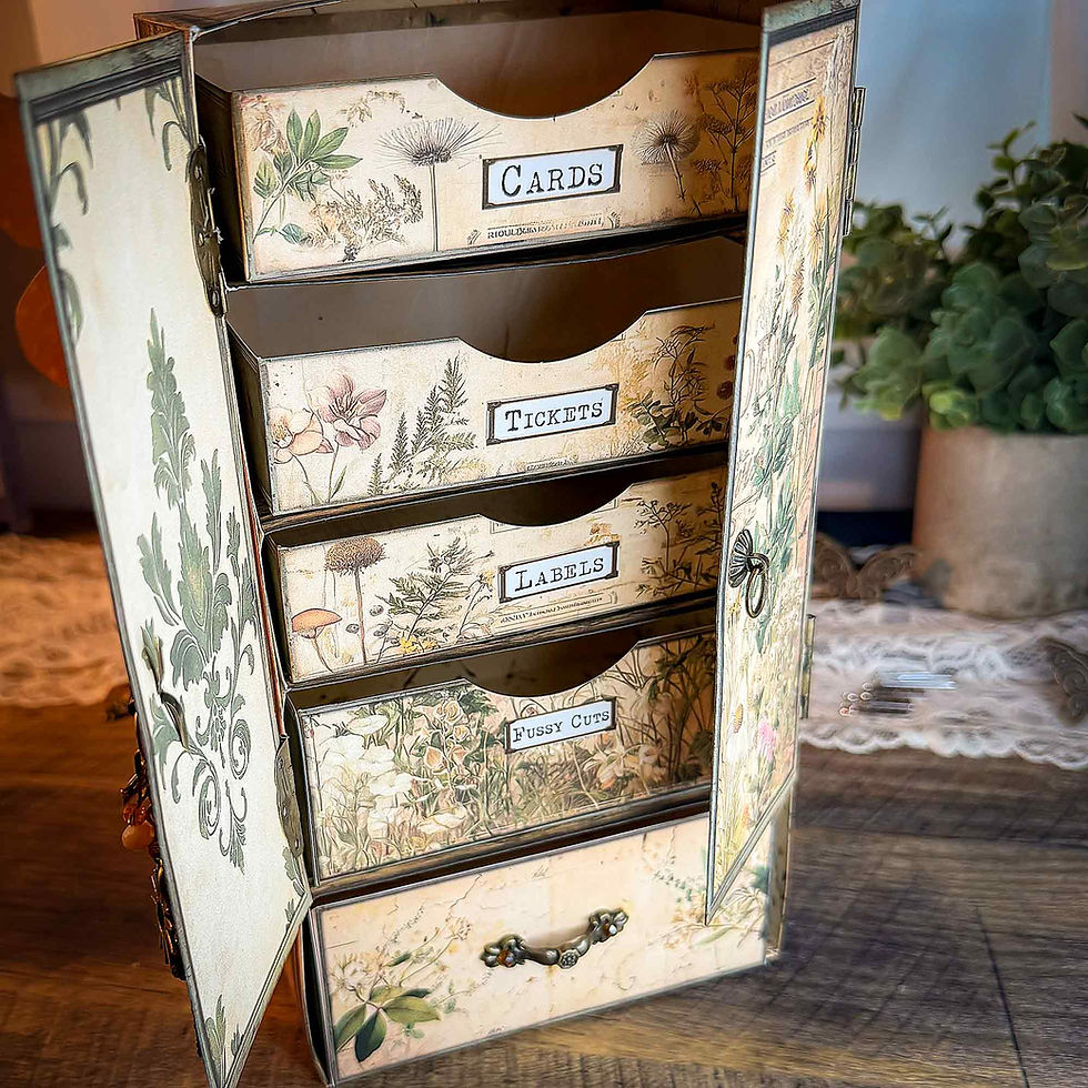 Thumbnail: Printable Garden Archivist ephemera storage chest with vintage botanical drawers, designed for organizing junk journal scraps