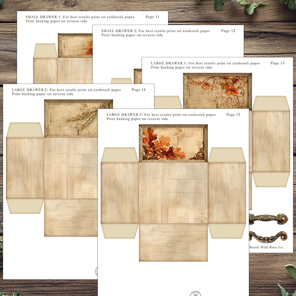 Thumbnail: Printable Autumn Ephemera Storage Cabinet kit with vintage drawer faces, floral autumn motifs, and textured panels