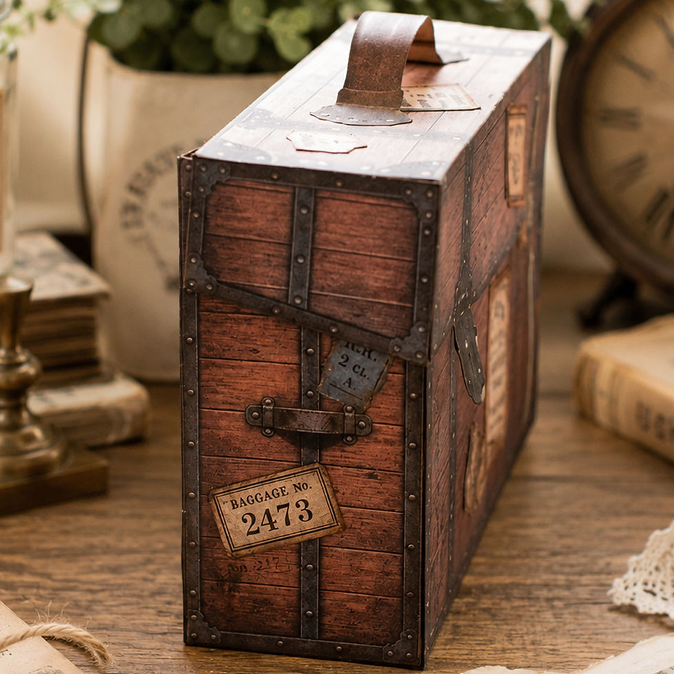 Thumbnail: Printable vintage travel trunk kit for junk journal ephemera storage, featuring rustic wood panels and luggage tags