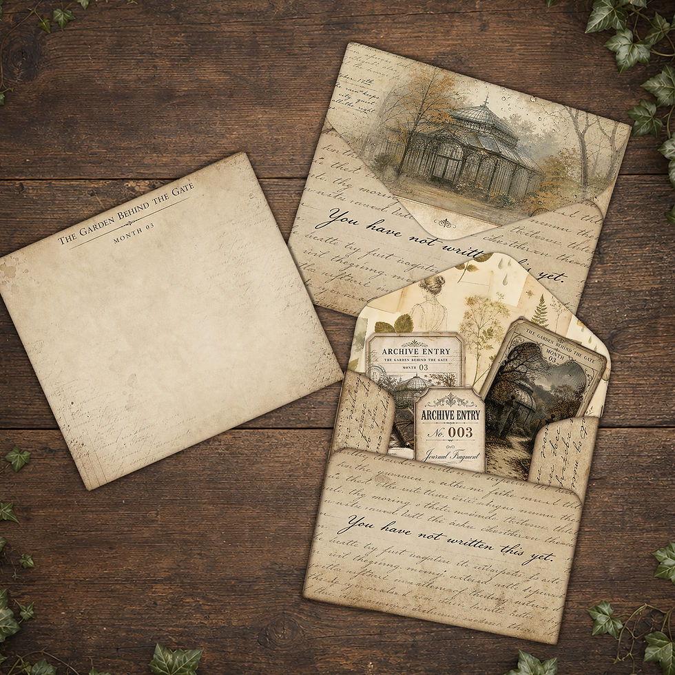 Thumbnail: The Garden Behind the Gate printable junk journal kits featuring collectible story letters, vintage ephemera, journal cards,