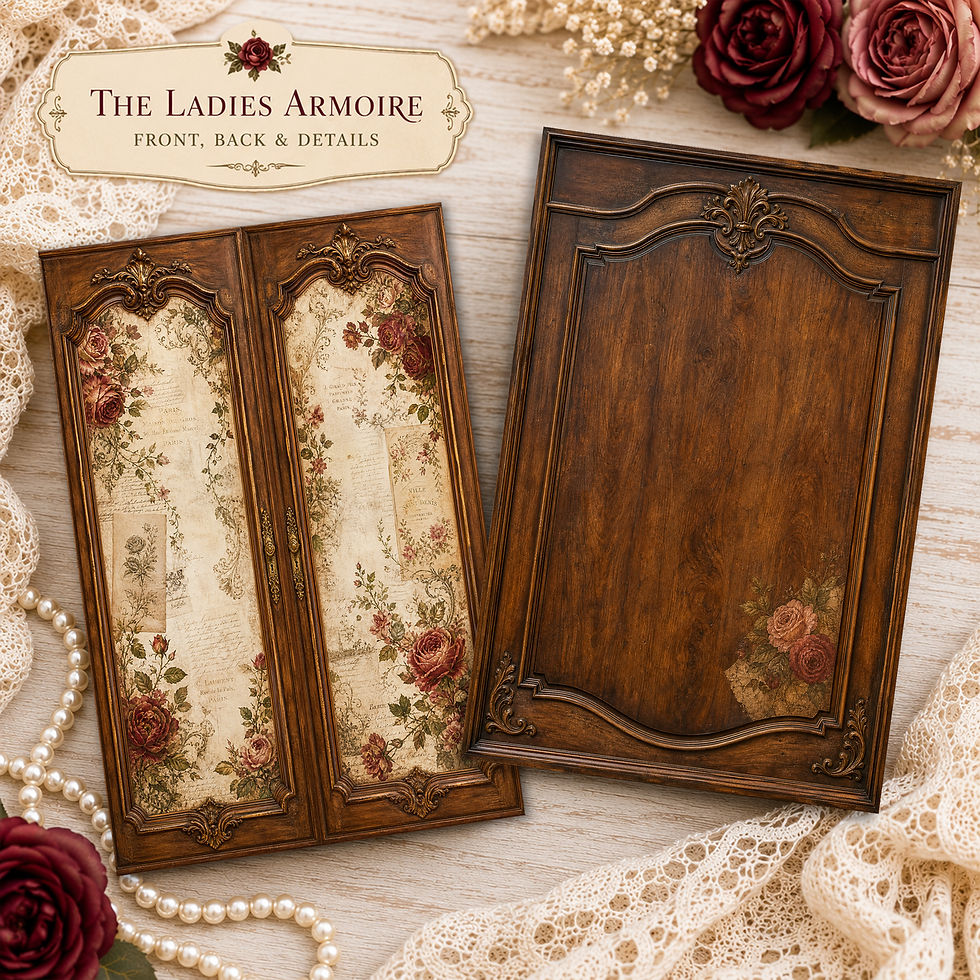 Vintage Ladies Armoire folio kit cover, romantic junk journal printable with walnut wood, floral panels, antique details