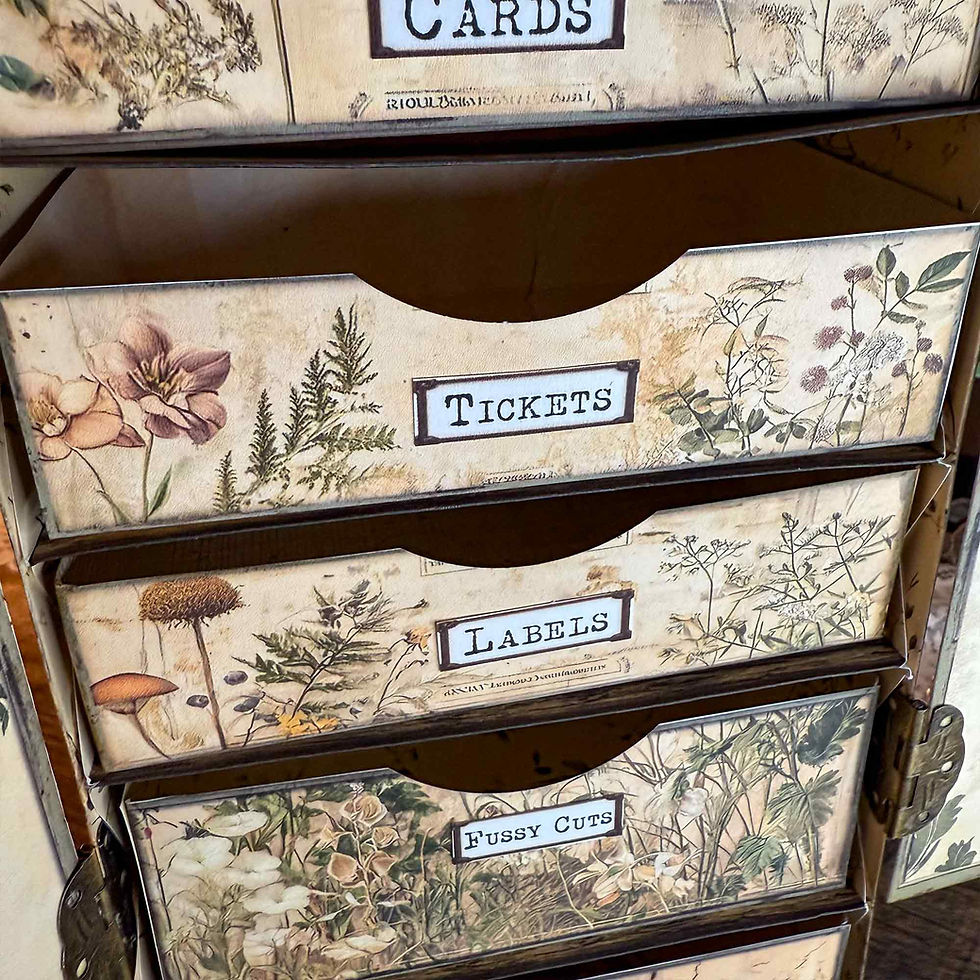 Thumbnail: Printable Garden Archivist ephemera storage chest with vintage botanical drawers, designed for organizing junk journal scraps
