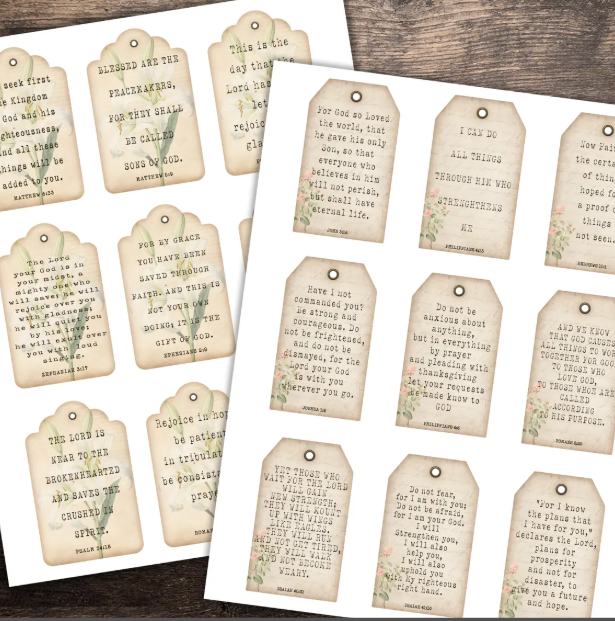 Thumbnail: Printable scripture tags featuring vintage textures, decorative borders, and meaningful Bible verses