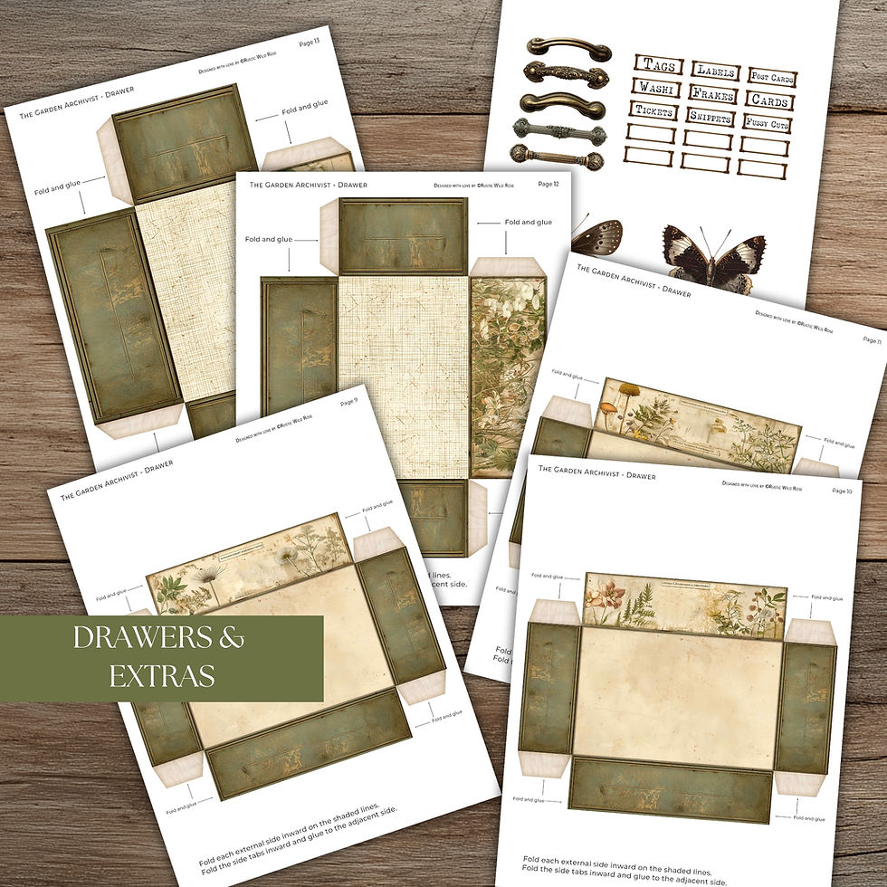 Printable Garden Archivist ephemera storage chest with vintage botanical drawers, designed for organizing junk journal scraps