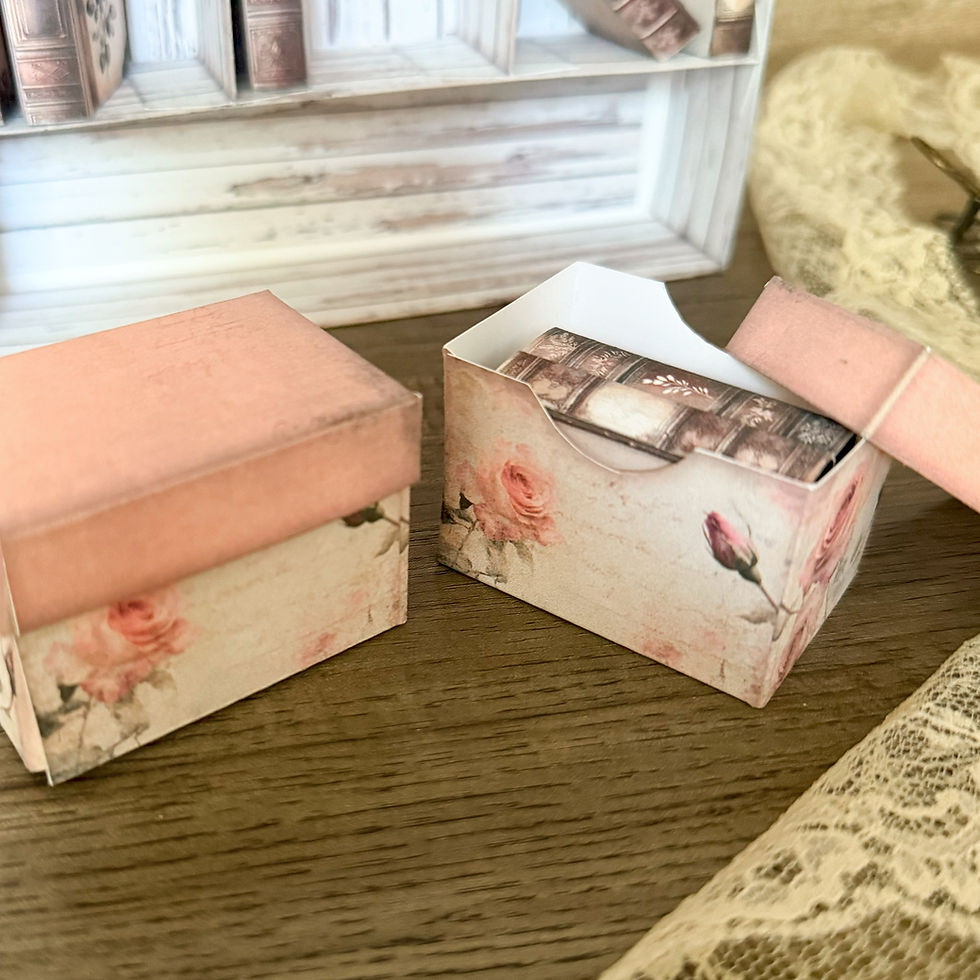 Thumbnail: Printable vintage shabby chic mini bookshelf template with floral and distressed wood textures, designed to fold into a small