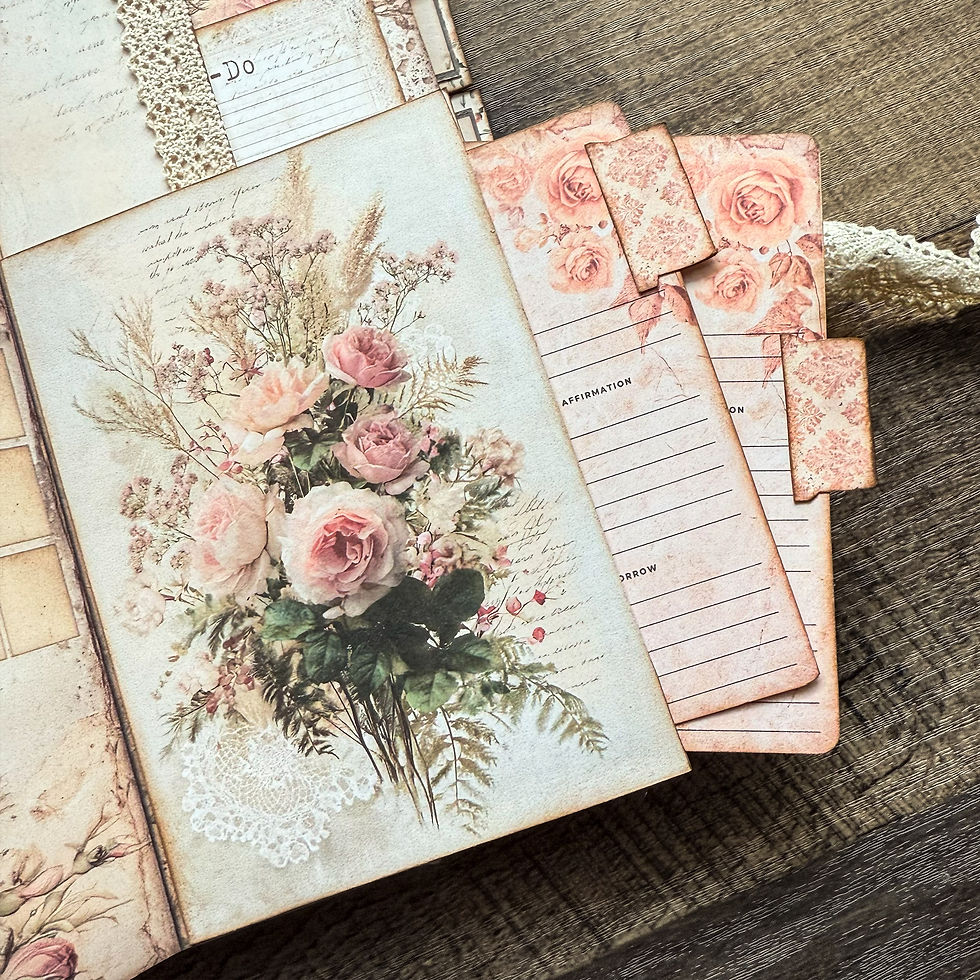 Thumbnail: Printable Vintage Rose Junk Journal Kit with soft blush rose graphics, floral ephemera, pocket inserts, and decorated journal