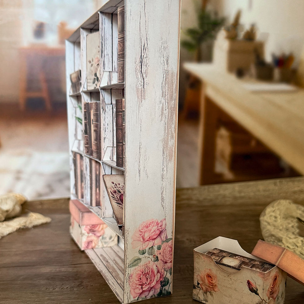 Thumbnail: Printable vintage shabby chic mini bookshelf template with floral and distressed wood textures, designed to fold into a small