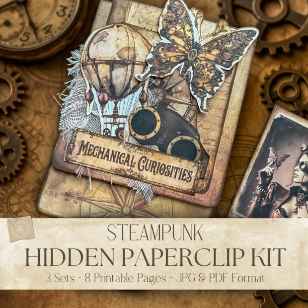 Printable Steampunk Hidden Paperclip Kit featuring vintage industrial textures, brass gears, and distressed covers